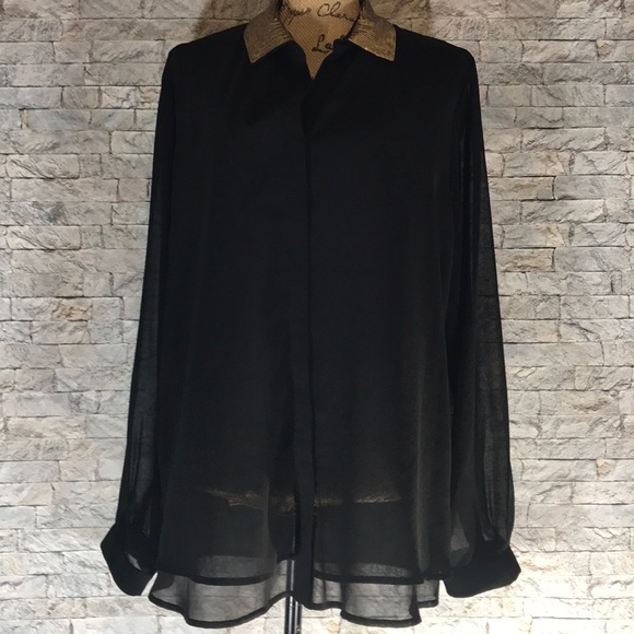 Pleione Tops - PLEIONE | Gold Collared Sheer Blouse | Extra Large